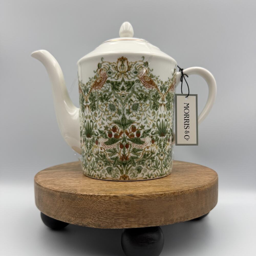 William Morris & Co Strawberry Thief White Porcelain Teapot Birds Green Tan NIP